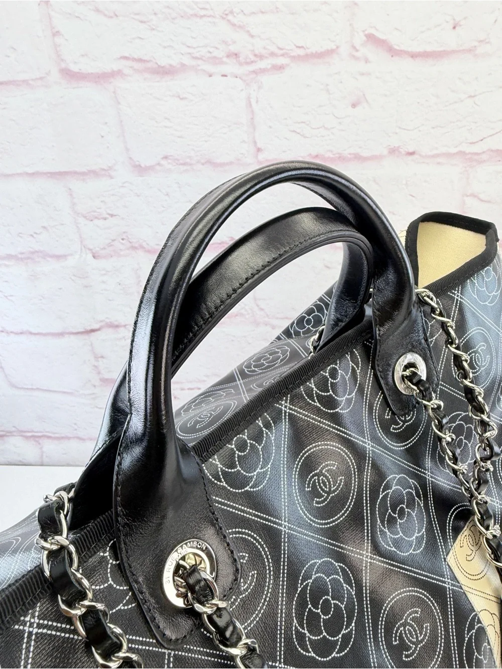 Chanel Coated Canvas Camellia Medium Shopping Tote Black Beige